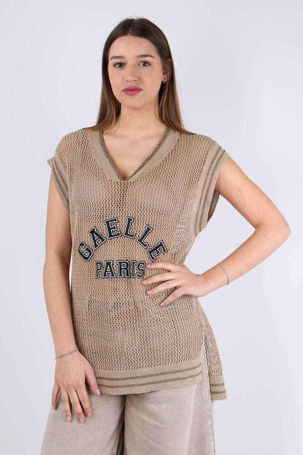 Canotta Traforata Scritta Beige