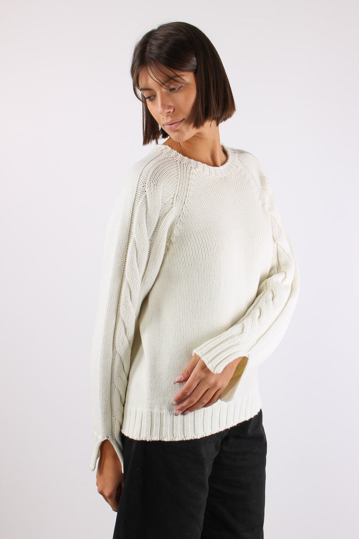 Maglia Treccia Manica 100%lana Panna-2