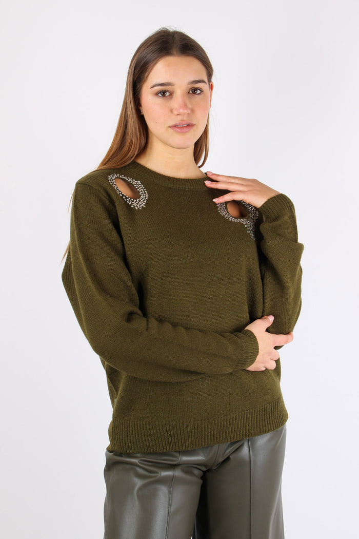 Maglia Aperture Davanti Strass Military Green-5