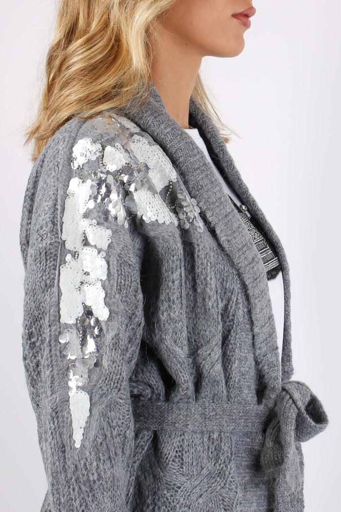 Cardigan Mohair Inserto Paille Grigio Melange-8