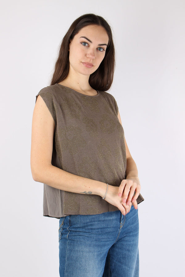 Top Smanicato Ricami Lurex Tortora-2