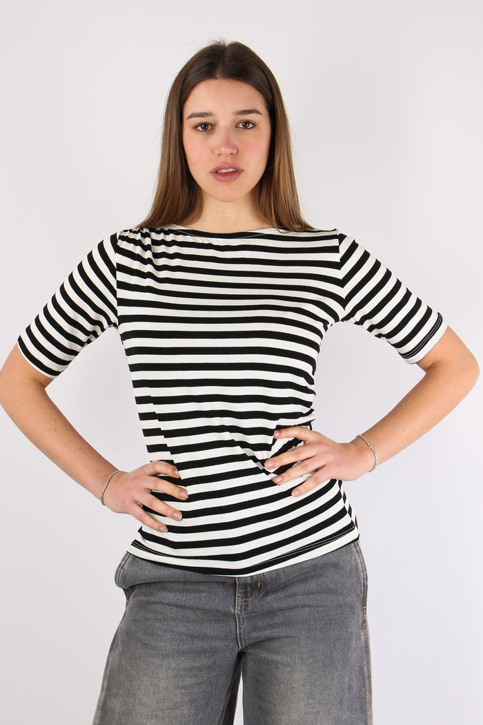 T-shirt Viscosa Riga Scavo Bar Nero/panna-2