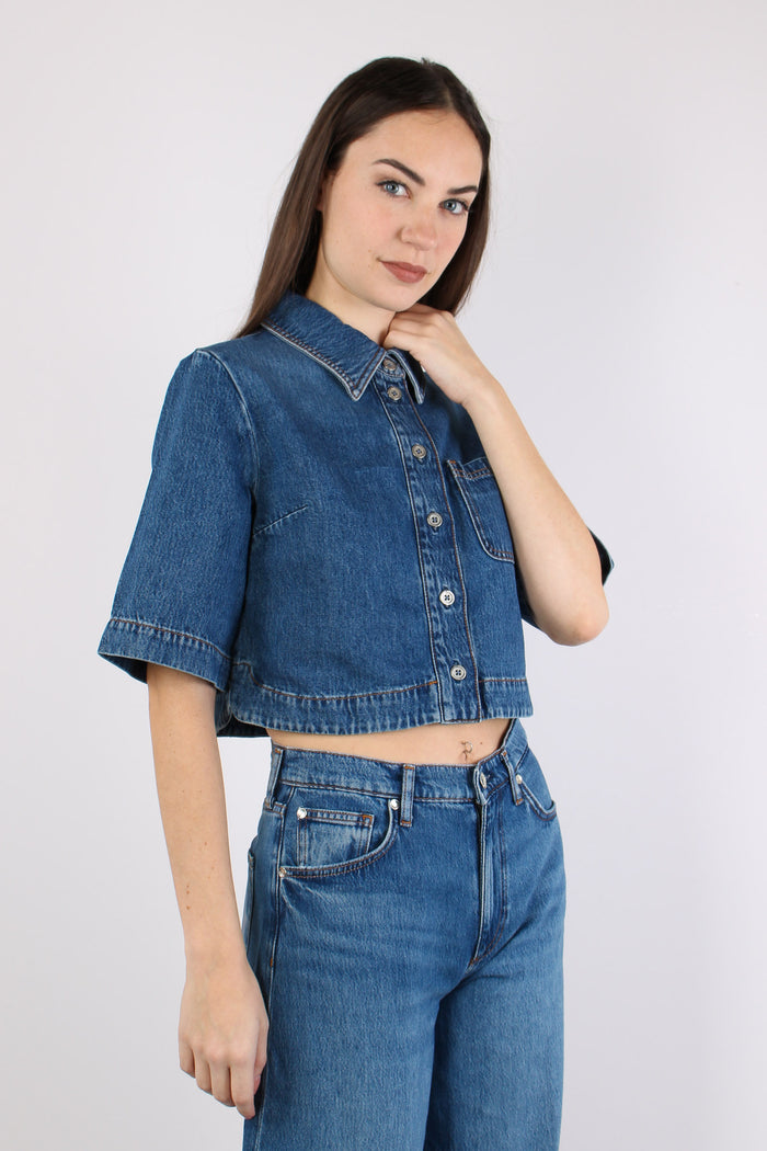 Giacca Camicia Manica Corta Denim Medio-7