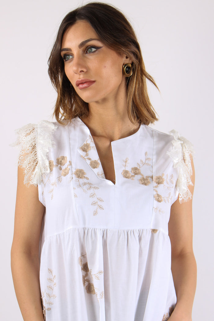 Casacca Ricamo Fiori Inserto P Bianco-7