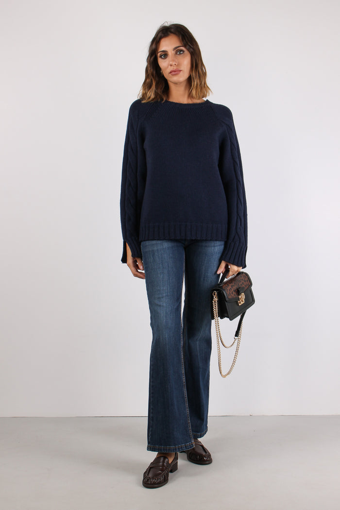Maglia Treccia Manica 100%lana Blu-2