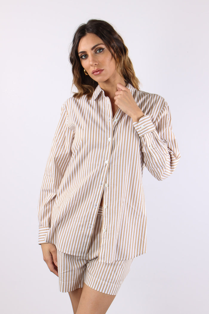 Camicia Cotone Riga Ricamo Schiena Bianco/beige