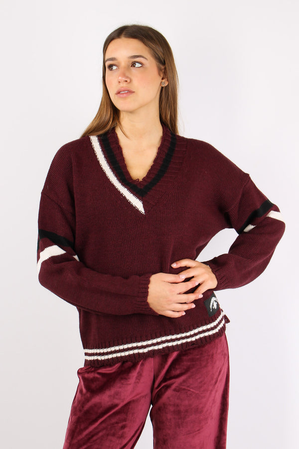 Maglia Lana Scavo V Righe Bordeaux-2