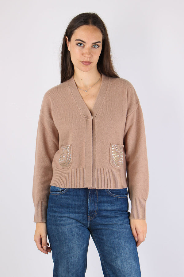 Cardigan Tasche Strass Cammello-2