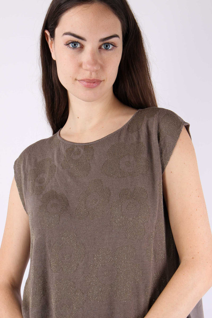 Top Smanicato Ricami Lurex Tortora-6