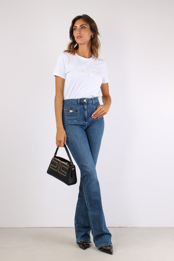 T-shirt Logo Ricamo Gesso