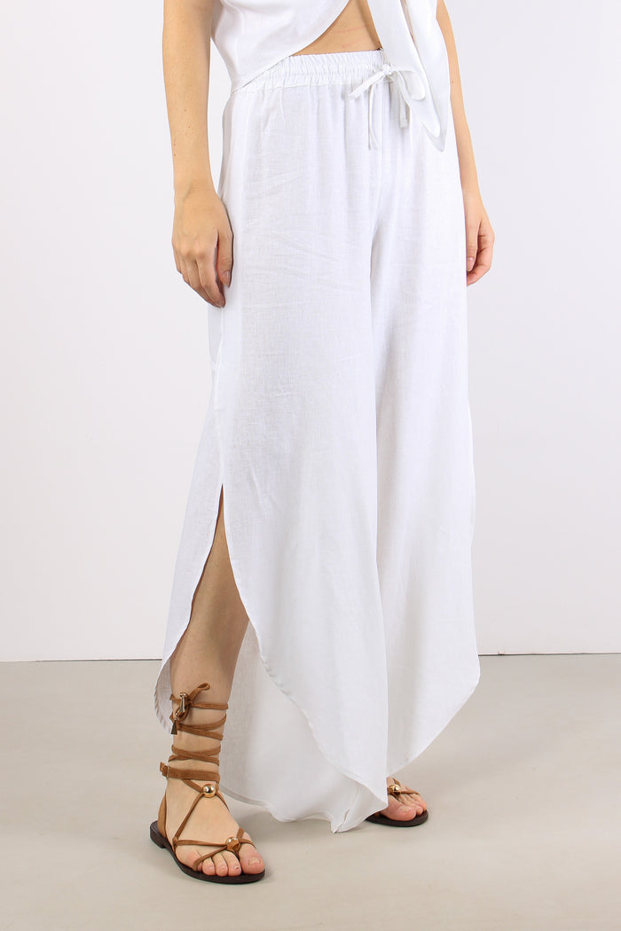 Pantalone Lino Spacco Laterale Bianco-6