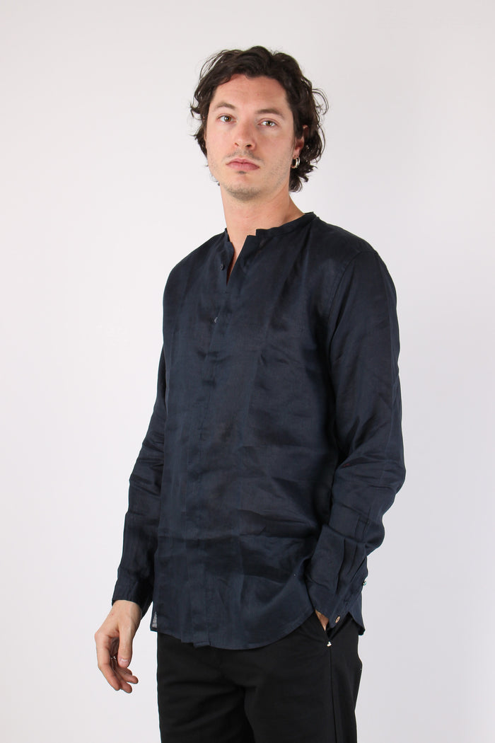 Camicia Coreana Lino Blu-3
