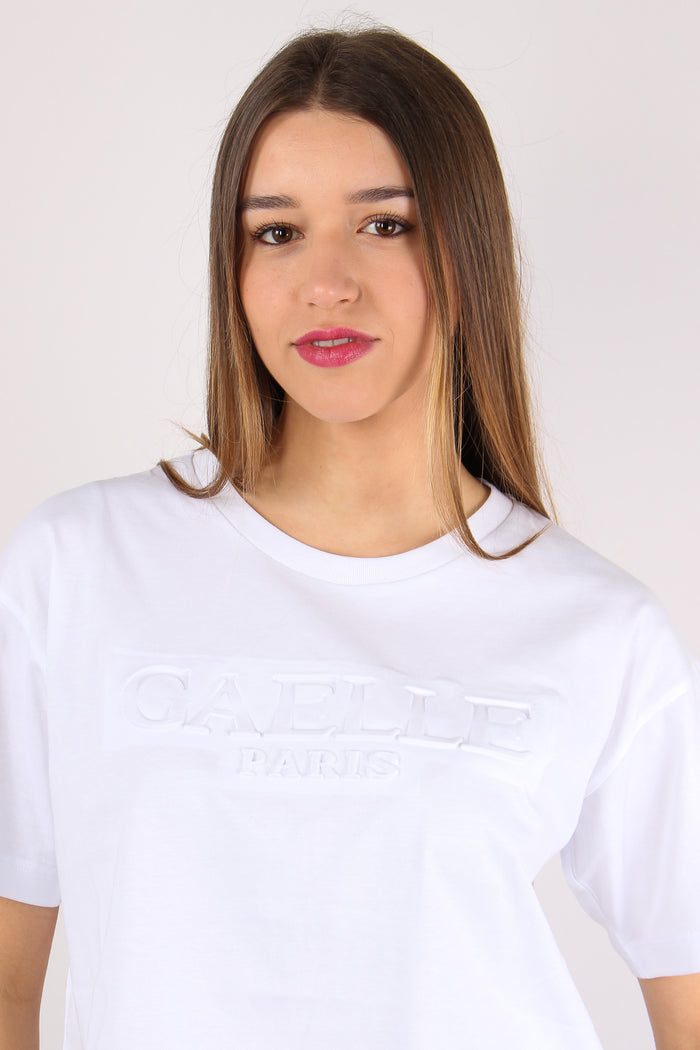 T-shirt Crop Logo Tono Su Tono Bianco-7