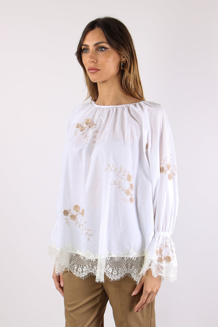 Blusa Scollo Barca Ricamo Fior Bianco-5