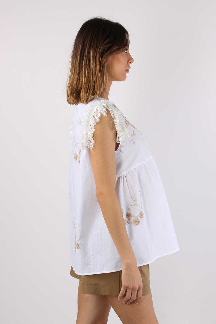 Casacca Ricamo Fiori Inserto P Bianco-6