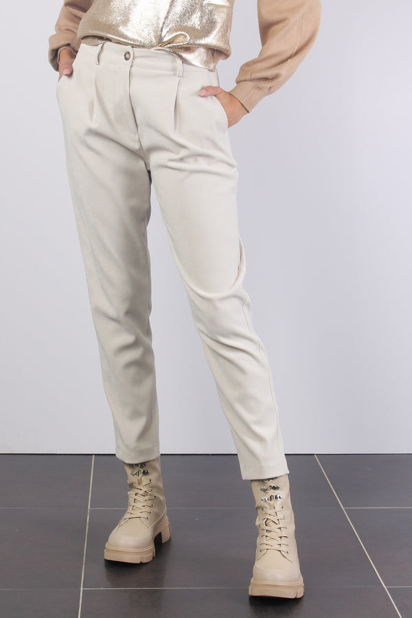 Pantalone Tessuto Diagonale Panna-2