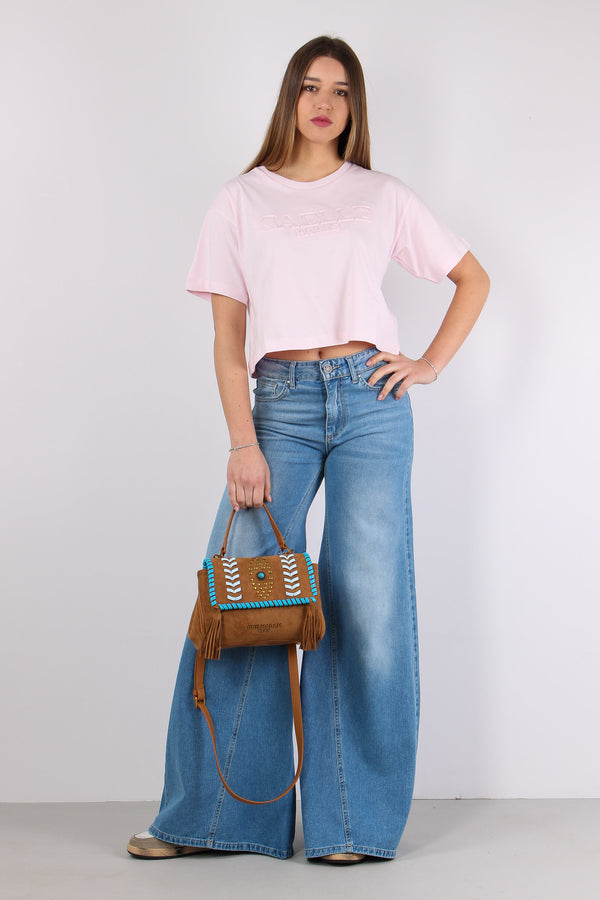 T-shirt Crop Logo Tono Su Tono Rosa