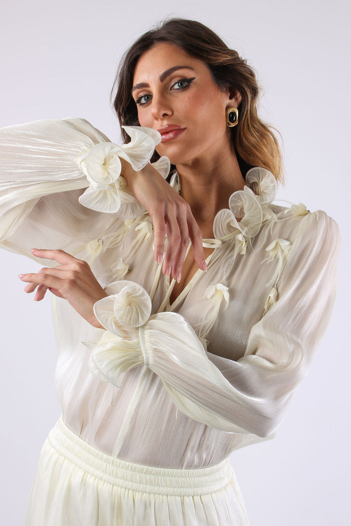Camicia Effetto Spalmato Inserto Piume Panna-4