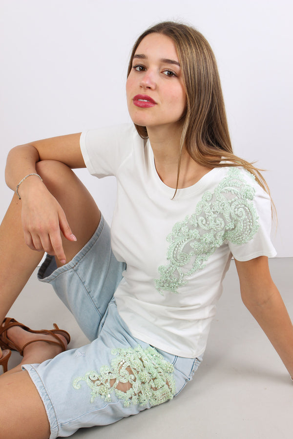 T-shrit Inserto Pizzo Paillettes Bianco-2