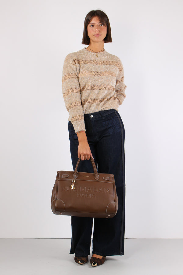 Maglia Riga Lurex Inserto Pizzo Crema
