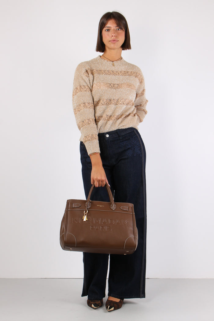 Maglia Riga Lurex Inserto Pizzo Crema