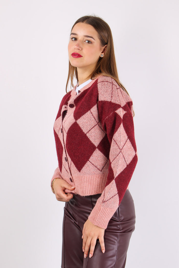Cardigan Intarsi Rombi Rosa/bordeaux-7