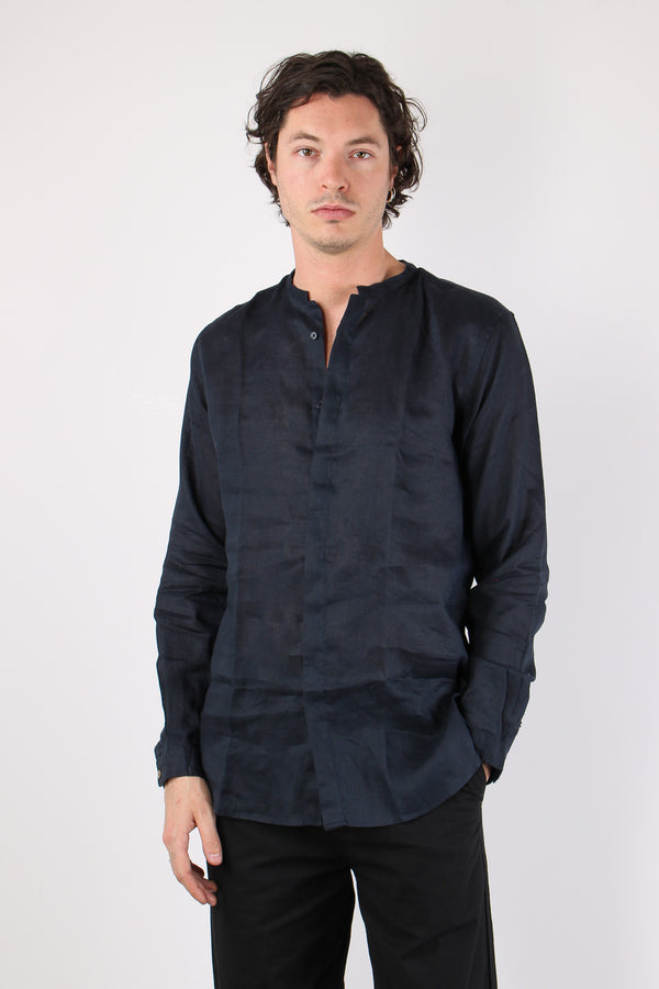 Camicia Coreana Lino Blu
