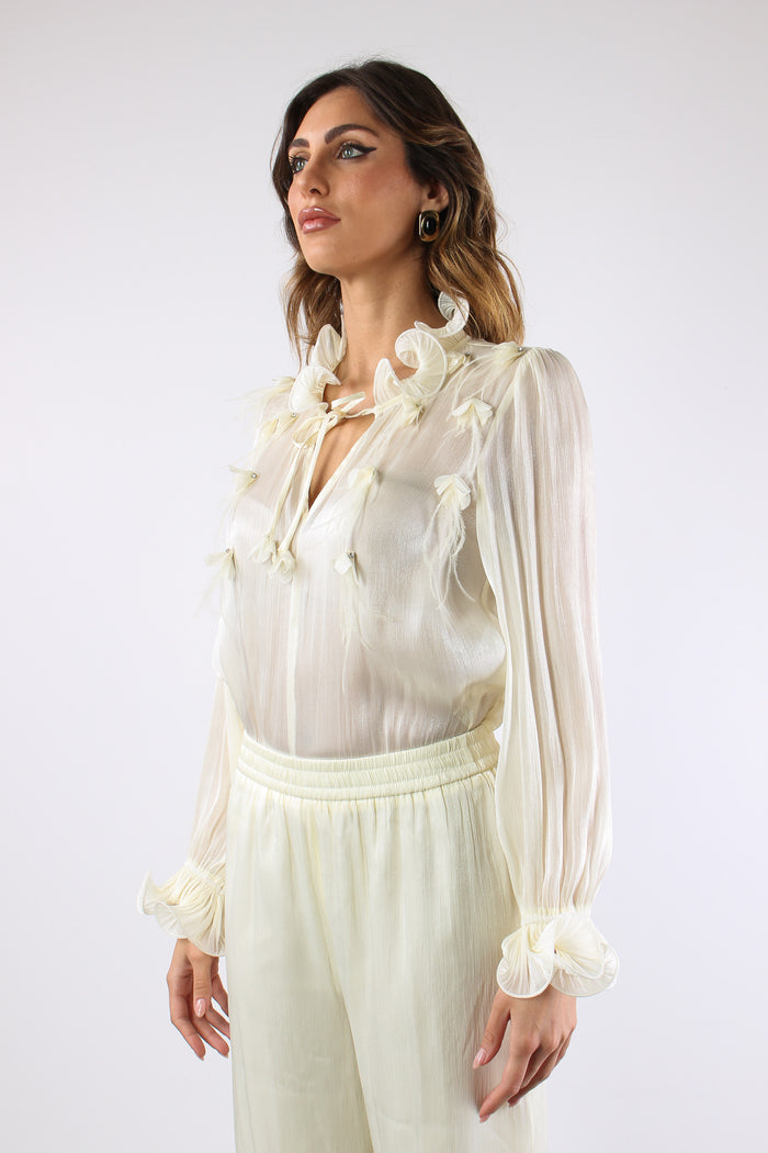 Camicia Effetto Spalmato Inserto Piume Panna-5