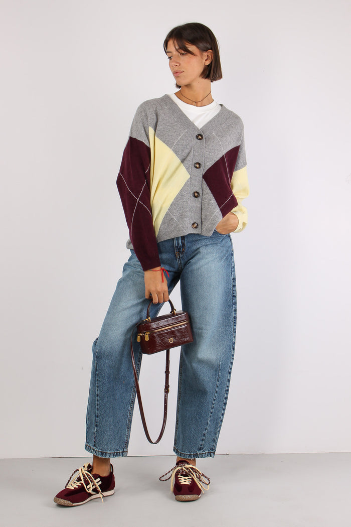 Cardigan 100% Lana Rombi Grigio/bordeaux/olio-5