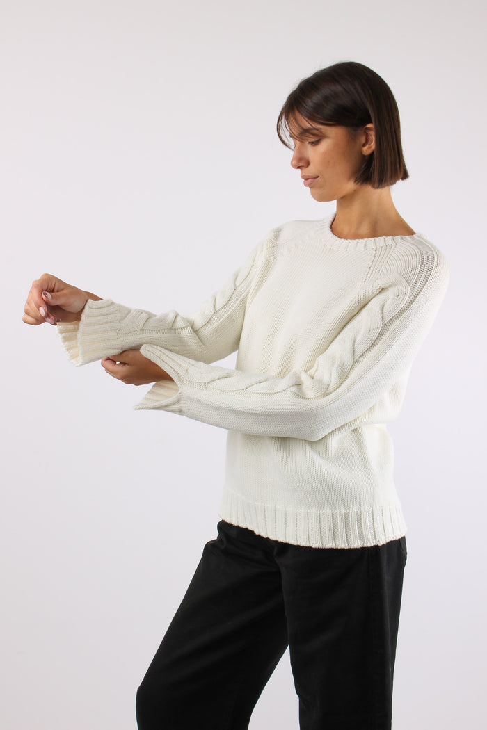 Maglia Treccia Manica 100%lana Panna-3