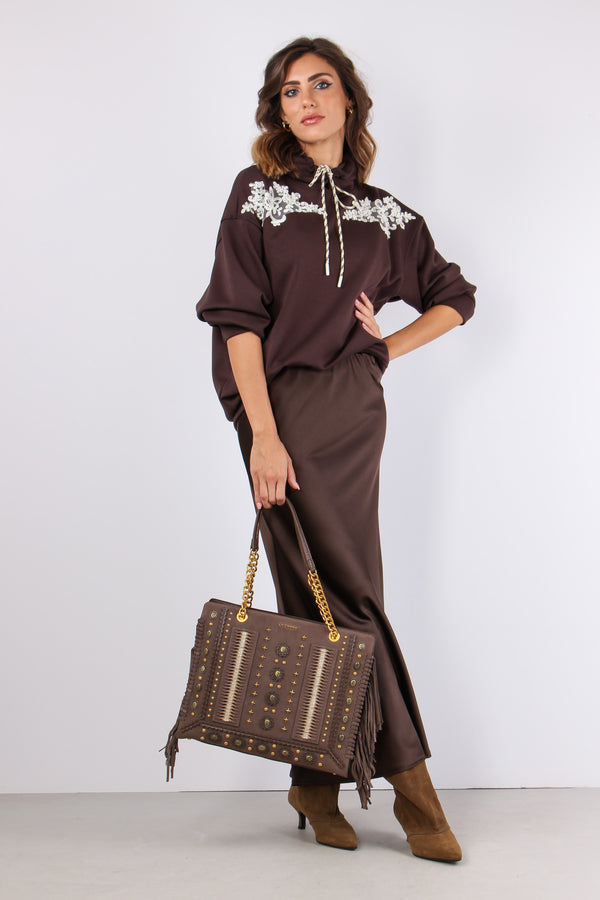 Felpa Cappuccio Inserto Pizzo Moro