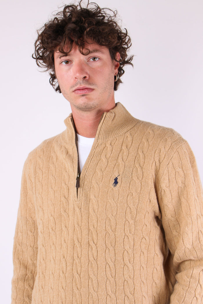 Maglia Mezza Zip Trecce Lana Camel Melange-8