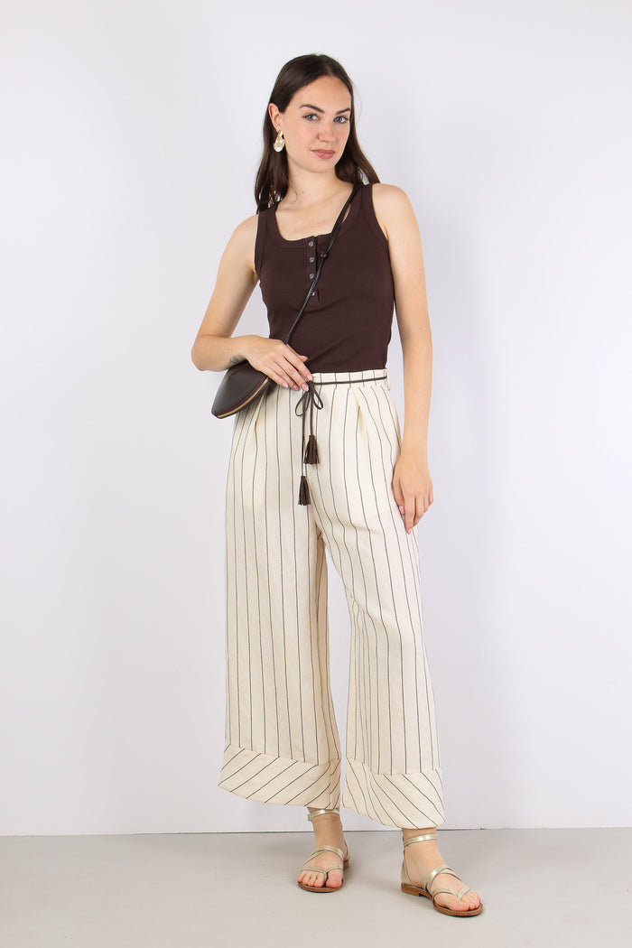 Pantalone Cropped Gessato Panna/moro