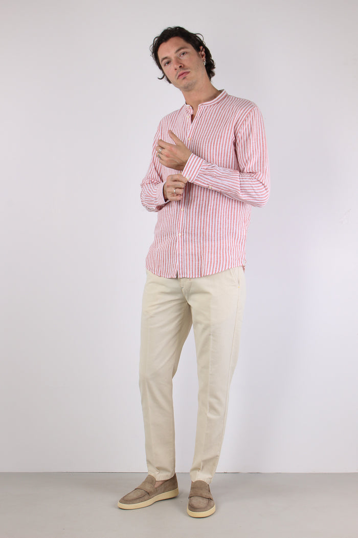 Camicia Coreana Lino Riga Corallo-4