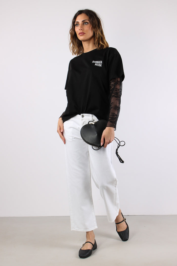 T-shirt Manica Pizzo Stampa Nero-5