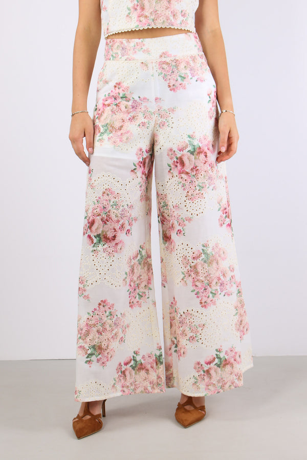 Pantalone Sangallo Fantasia Fiori Bianco/rosa-2