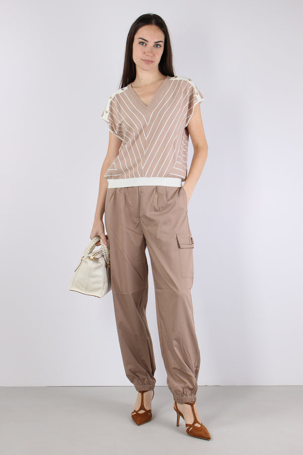 Maglia Scollo V Bottoni Riga Almond/white