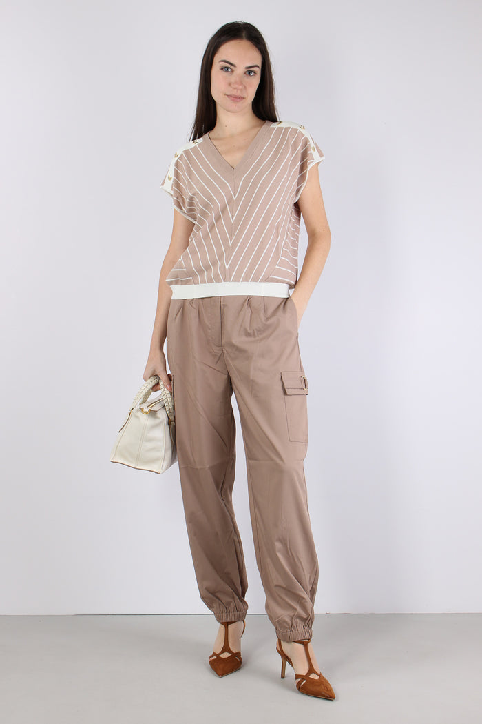 Maglia Scollo V Bottoni Riga Almond/white