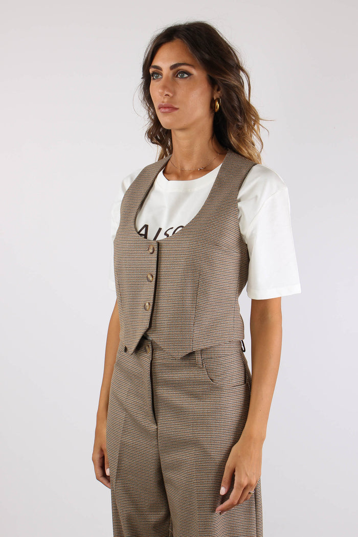 Gilet Stondato Pied De Poule Cammello/nero-3