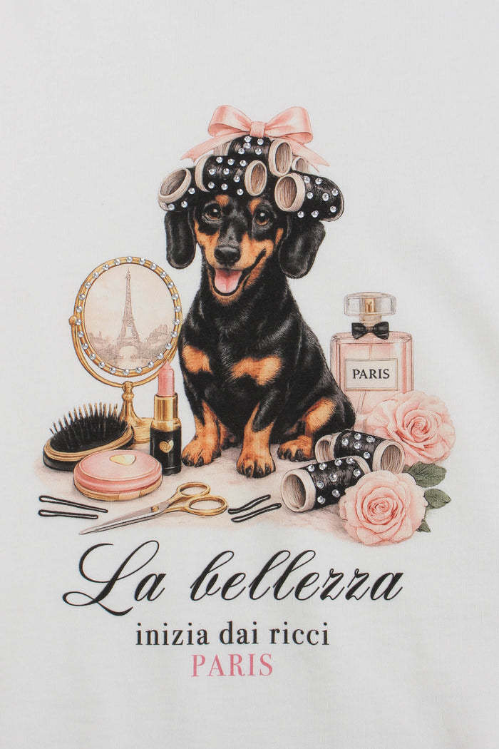 T-shirt Stampa Bassotto Strass Bianco-6