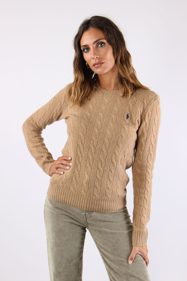 Maglia Girocollo Trecce Misto Lana Camel Melange-2