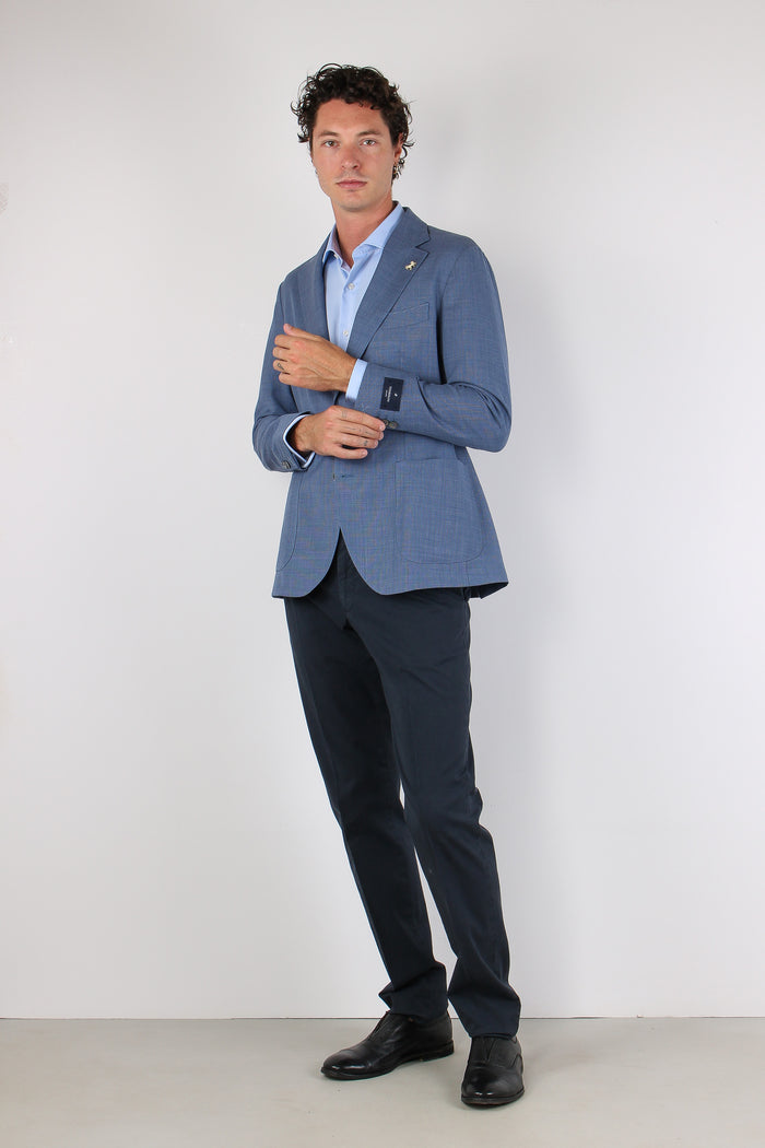 Giacca Micro Quadro Tasca Topp Azzurro-5