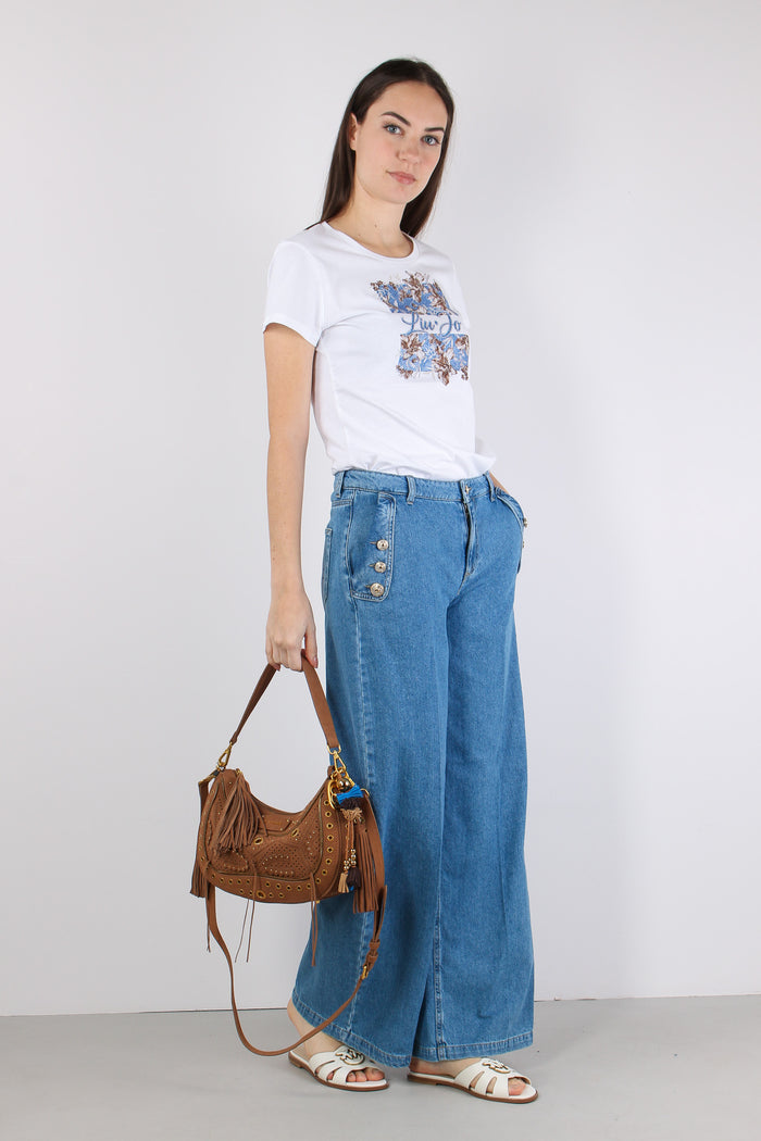 Jeans Flare Bottoni Strass Denim Chiaro-5