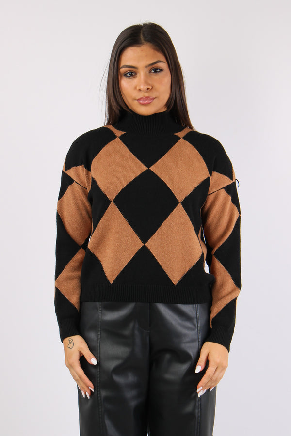 Collo Alto Intarsio Rombi Cammello/nero-2