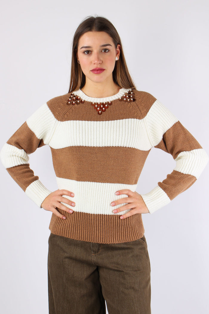 Maglia Riga Paillettes Panna/cammello-3