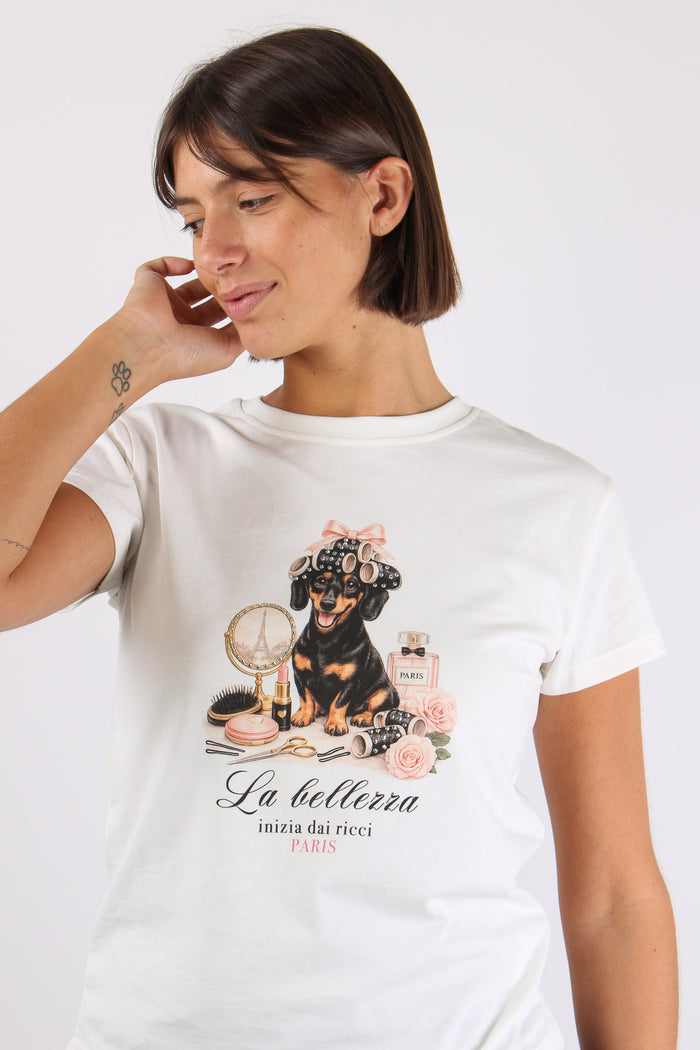 T-shirt Stampa Bassotto Strass Bianco-7
