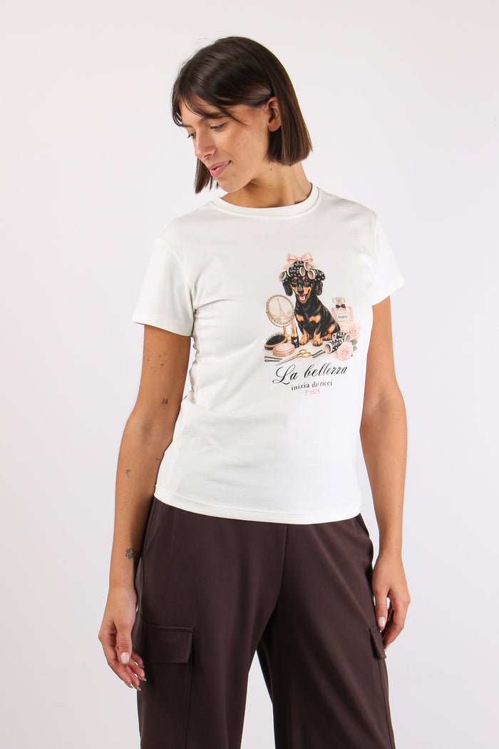 T-shirt Stampa Bassotto Strass Bianco-3