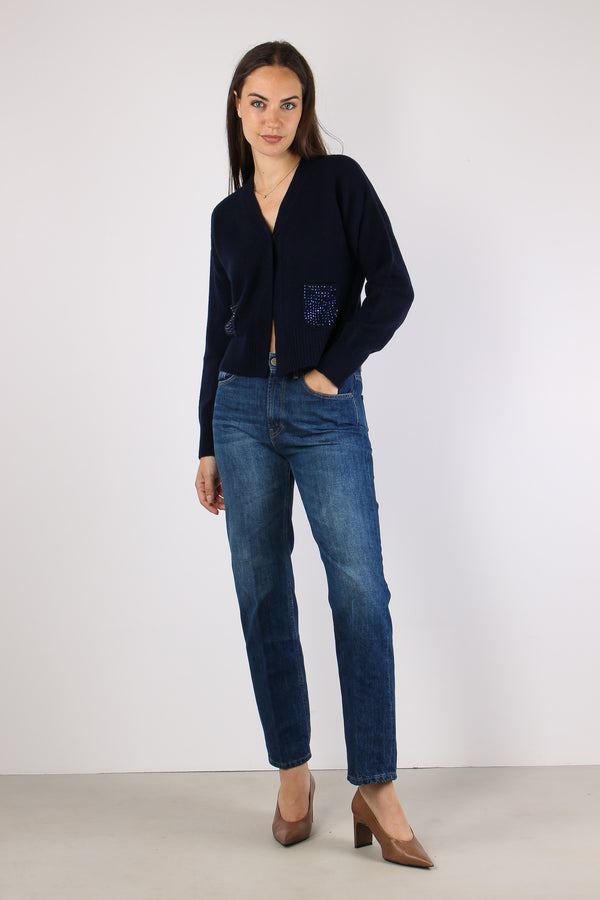 Cardigan Tasche Strass Blu-2