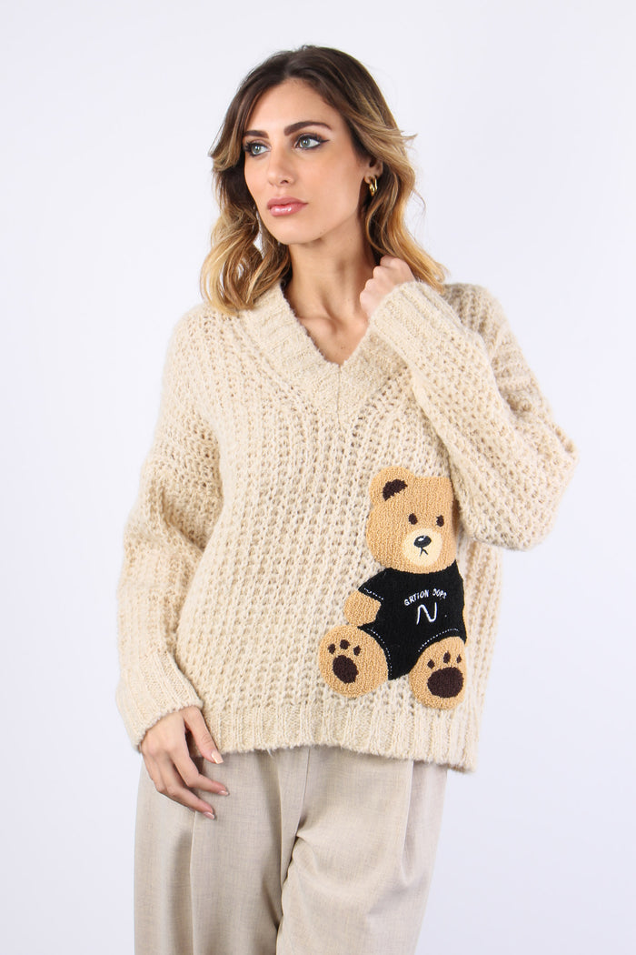 Maglia Misto Mohair Patch Orso Beige