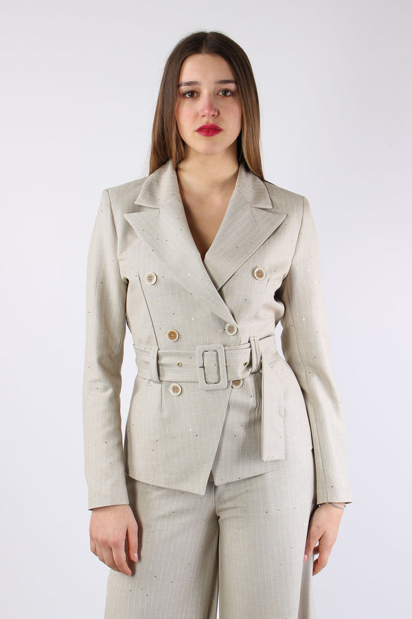 Giacca Cinturata Gessata Paill Beige-2